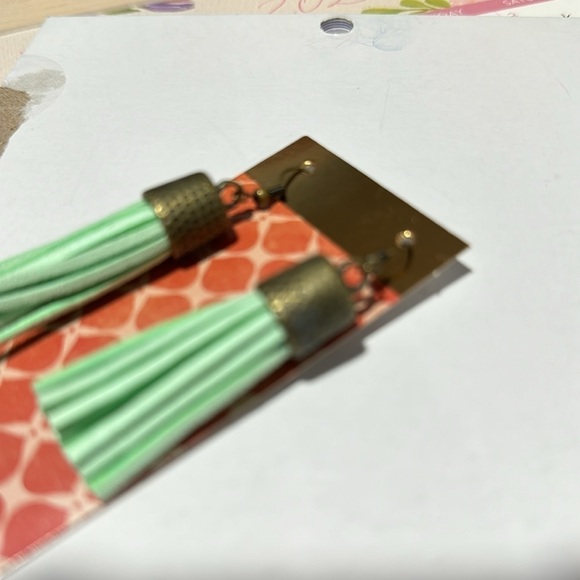 Mint tassel earrings brass vintage patina finish faux green suede dangle‎ NEW - Picture 2 of 2